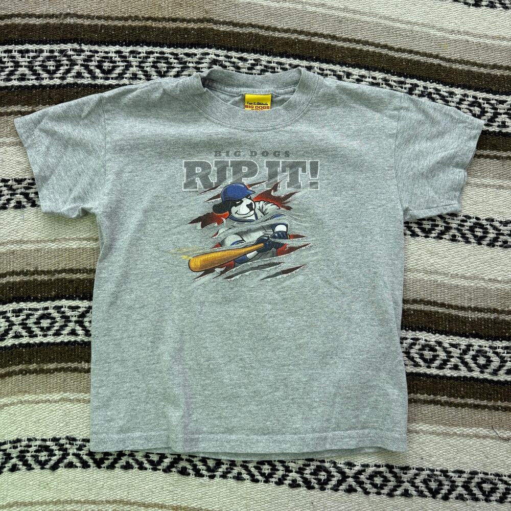 Youth Kids Boys Vintage 2000's Big Dogs Rip It Baseball Gray Tee Shirt Sz Small